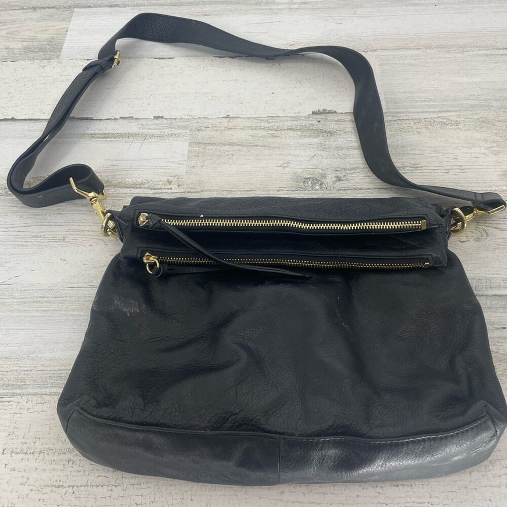 Margot Double Zip Fold-Over Triple Compartment Black Leather Crossbody Handbag